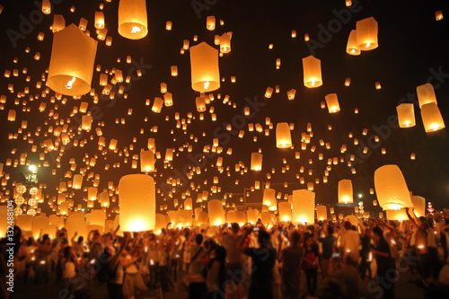 Fotografie, Obraz Floating lantern, YeePeng,Firework Festival in Chiangmai Thailand