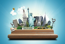 USA, Classic Yellow New York Taxi And Landmarks