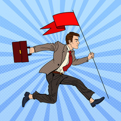 Wall Mural - pop art businessman running with red flag to success. vector illustration