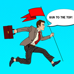 Wall Mural - pop art businessman running with red flag to success. vector illustration