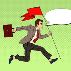 Wall Mural - pop art businessman running with red flag to success. vector illustration