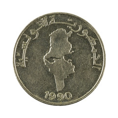 0,5 tunisian dinar coin (1990) isolated on white background