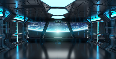 Wall Mural - spaceship interior with view on the planet earth 3d rendering el