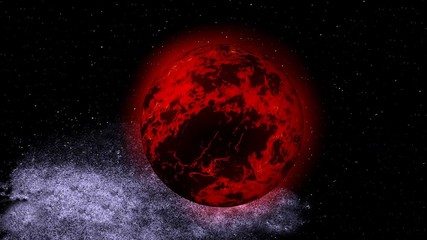 Wall Mural - Mysterious red planet rotating in starry Space. Cosmos fire blazing planets. 3D animation on space theme.