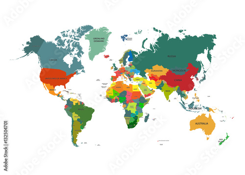 Zdjęcie XXL Mapa świata z nazwami krajów na białym tle. Ilustracji wektorowych.