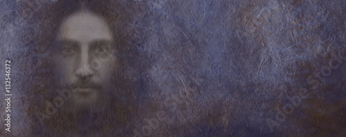 Fotografía Watching Over You - Rustic rough rock stone effect background with a male face