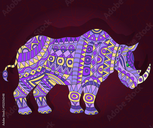 Illustration with abstract rhino on a dark floral background Stock