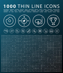 Poster - Set of 1000 Isolated Minimal Modern Simple Elegant White Icons on Circular Buttons. Vector Elements on Dark Background.