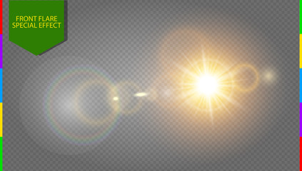Wall Mural - abstract golden front sun lens flare translucent special light effect design. vector blur in motion 