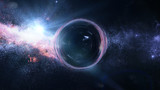 Fototapeta  - black hole with gravitational lens effect in front of bright stars  (3d illustration, Elements of this image are furnished by NASA)
