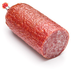 Wall Mural - Salami smoked sausage piece isolated on white background cutout