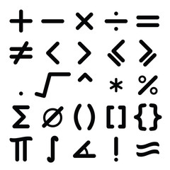 Black mathematical symbol icon set on white background
