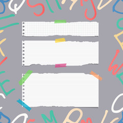 Poster - Ripped white ruled note, notebook, copybook paper sheets, strips on pattern created of alphabet letters