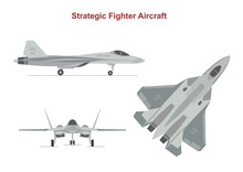 War Plane On White Background. Strategic Fighter In Top, Side, Front View. Flat Style. Vector Illustration.
