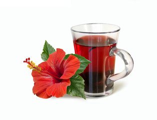 Wall Mural - red hibiscus tea drink and flower isolated on white background