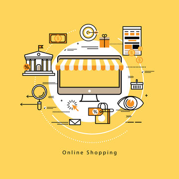 Flat line modern corporate business vector illustration design and infographic elements for shopping, e-commerce, m-commerce services, digital promotion, discounts, sale, internet and online shopping