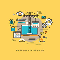 Application development flat line business vector illustration design banner, software API prototyping and testing background. Smartphone interface building process, website coding concept 