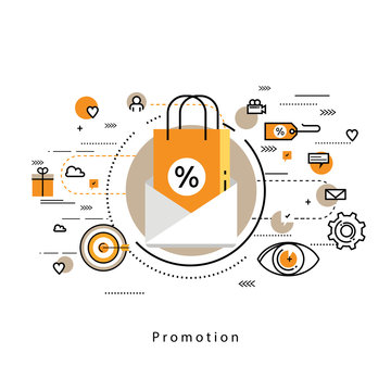 Flat line modern corporate business vector illustration design and infographic elements for shopping, e-commerce, m-commerce services, digital promotion, discounts, sale, internet and online shopping
