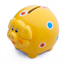 Happy Fat Yellow Pig Piggy Bank For Coins Savings With Colored Body Spots. Isolated On White Background.