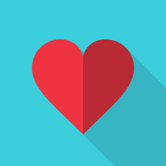 Poster - Heart Icon flat style with long shadow. Vector. Love red symbol. Valentine's Day sign, isolated on blue background, graphic logo.