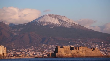 Wall Mural - Winter view of Naples bay with castle and Vesuvius peak with snow