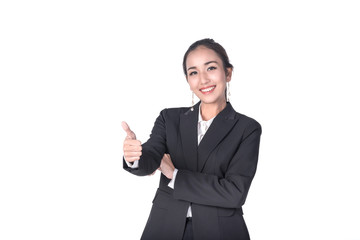 Wall Mural - Beautiful Asian businesswoman with thumbs up isolated on white.Business success concept. Photo with clipping path.