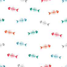 Watercolor Fish Bones Seamless Pattern. Vector Background.
