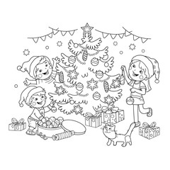 Coloring Page Outline Of children decorate the Christmas tree with ornaments and gifts. Christmas. New year. Coloring book for kids