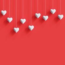 Hanging Tiny White Hearts On Red Background. Minimal Concept Idea.