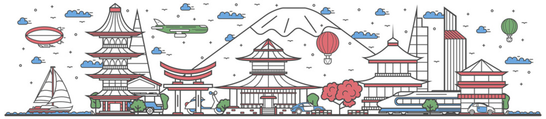 Sticker - Travel in Japan country banner vector illustration. Worldwide traveling concept with famous modern and ancient architectural attractions. Japan country landmark panorama, tourist line design poster.