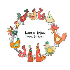 Fototapete - Hens and roosters in henhouse, sketch for your design