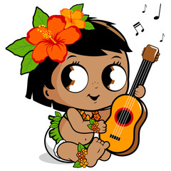 Wall Mural - Hawaiian baby girl playing the ukulele guitar. Vector illustration