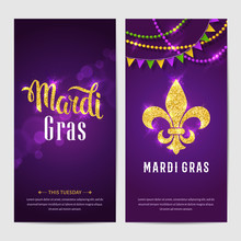Mardi Gras Brochures. Vector Logo With Hand Drawn Lettering And Golden Fat Tuesday Symbols. Greeting Card With Shining Beads On Traditional Colors Background.