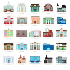 municipal library and city bank, hospital and school vector icon set. colored urban government build