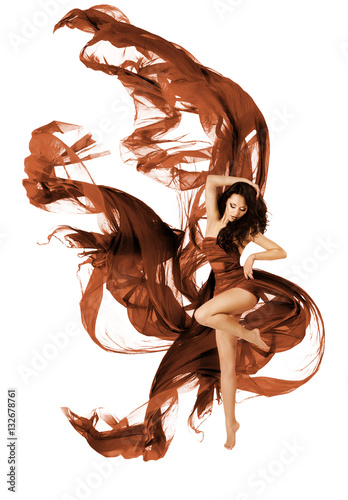 Plakat na zamówienie Woman Dancing Fabric Flying Cloth, Fashion Dancer with Waving Dress Fabric on White background