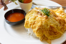 Omelet On Jasmin Rice With Chilli Sauce,Thai Traditional Style.