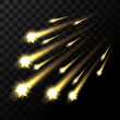 Vector falling stars on transparent background. Space star light shooting in dark