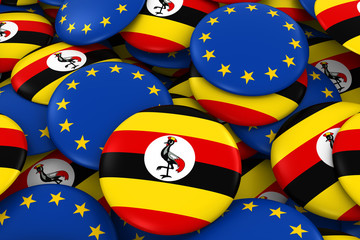 Wall Mural - Uganda and Europe Badges Background - Pile of Ugandan and European Flag Buttons 3D Illustration