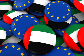 Wall Mural - United Arab Emirates and Europe Badges Background - Pile of Emirati and European Flag Buttons 3D Illustration