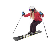 Attractive Girl Skier On White Background.