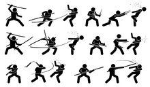 Man Attacking Opponent With Traditional Japanese Melee Fighting Weapons. These Weapons Include Sword, Sai, Tonfa, Nunchaku, And Bo Staff.