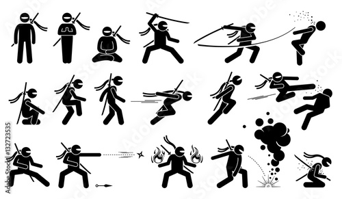 Fotomural Ninja assassin movement and fighting skills with Japanese weapon sword and shuriken to attack