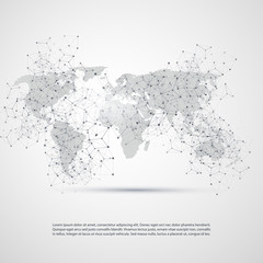 Poster - Cloud Computing and Networks with World Map - Abstract Global Digital Network Connections, Technology Concept Background, Creative Design Element Template with Transparent Geometric Grey Wire Mesh