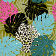 Tropical palm and monstera leaf seamless pattern with leopard skin texture. Hawaiian design, vector illustration background.