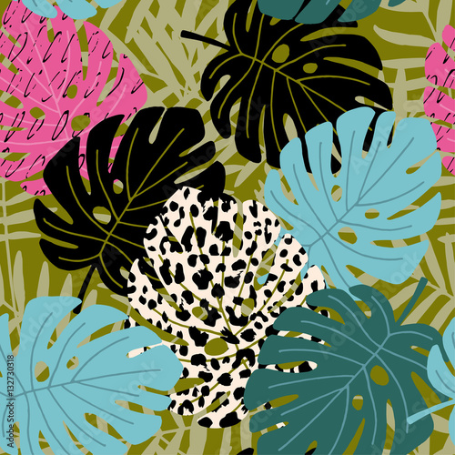 Stoffe zum Nähen Tropische Palmen und Monstera Blatt Musterdesign mit Leopard Hautstruktur. Hawaiian-Design, Vektor Illustration Hintergrund.