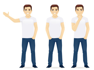 young man in jeans standing in different poses isolated