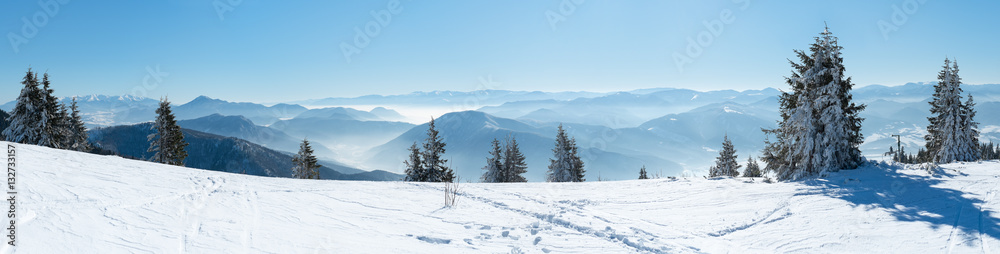Panoramic View Snow Capped Mountains, European Beautiful Winter Mountains.Slope For Skiers, Alpine Mountains, Landscape For Cross Country Skiers, Beautiful Winter Mountain Landscape - obrazy, fototapety, plakaty 