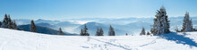 Panoramic View Snow Capped Mountains, European Beautiful Winter Mountains.Slope For Skiers, Alpine Mountains, Landscape For Cross Country Skiers, Beautiful Winter Mountain Landscape