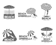 Logo Templates With Beach Umbrella And Sun Bathing Lounge Chairs, Vector Illustration Isolated On White Background. Black And White Graphic Logotypes, Logo Templates With Sunshade Umbrellas