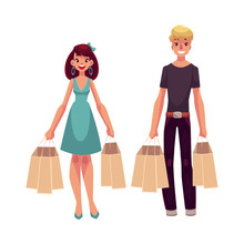 Young Man And Woman With Shopping Bags, Cartoon Vector Illustration Isolated On White Background. Full Length Portrait Of Young Couple, Friends Shopping Together, Holding Paper Bags